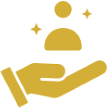 Hand holding person icon with stars.